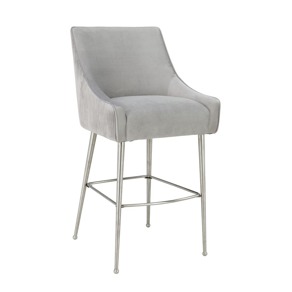 Beatrix Pleated Light Grey Velvet Bar Stool. Picture 2