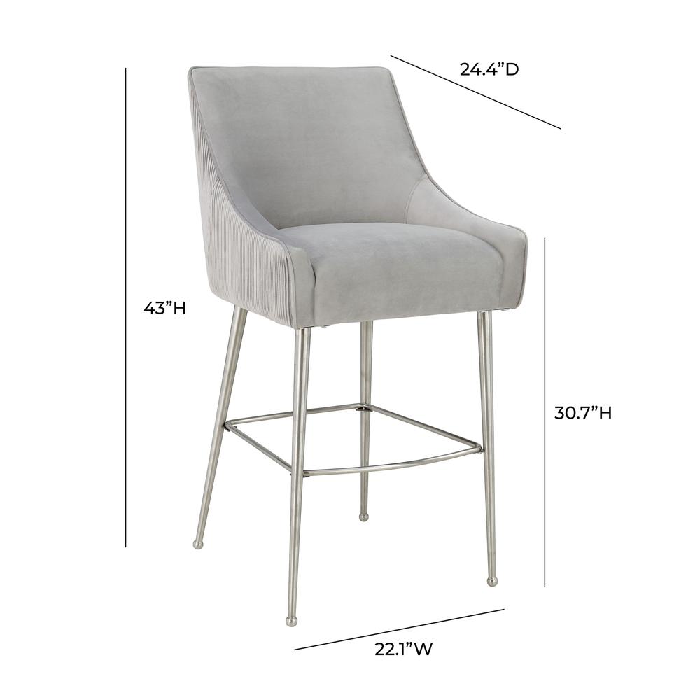 Beatrix Pleated Light Grey Velvet Bar Stool. Picture 6