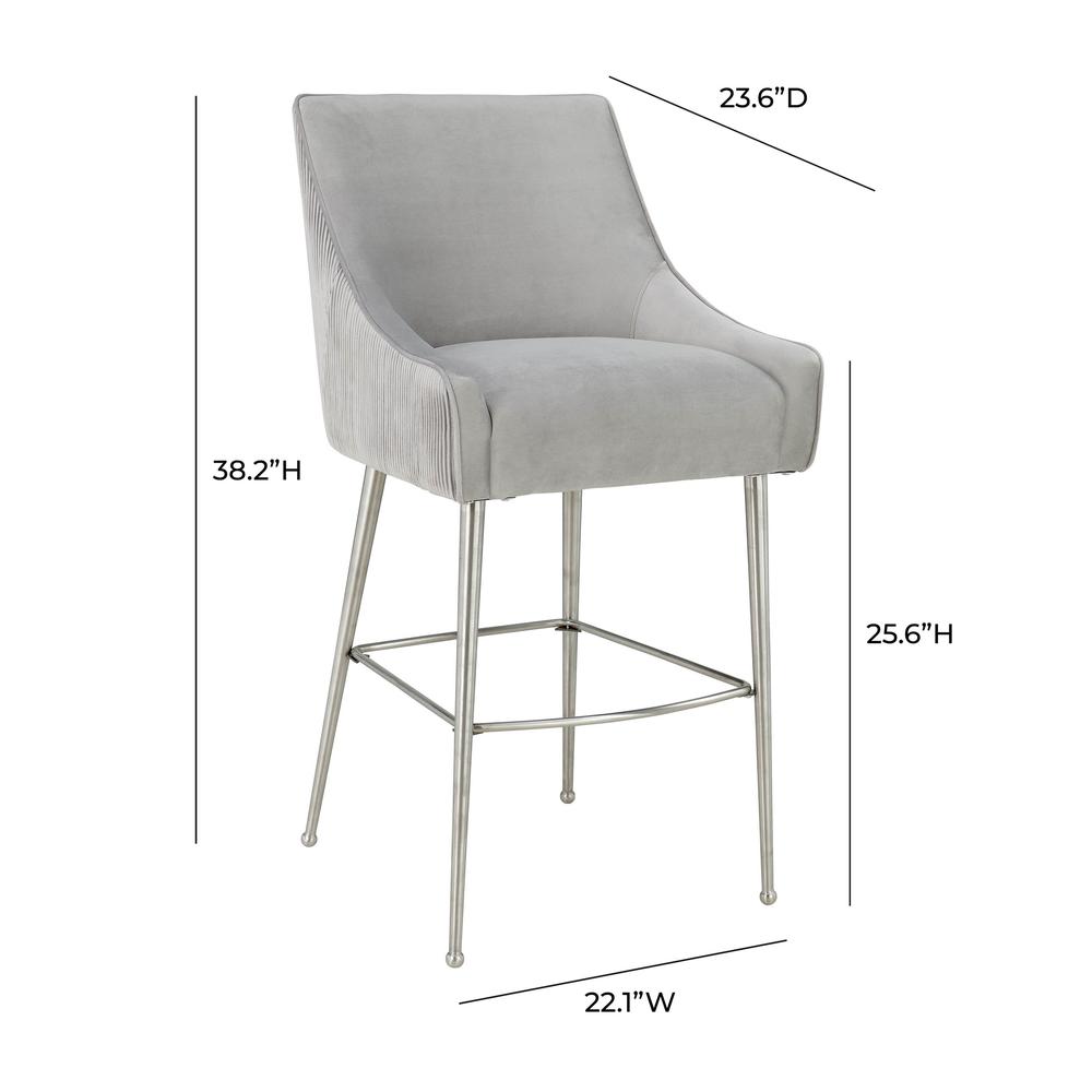Beatrix Pleated Light Grey Velvet Bar Stool. Picture 7