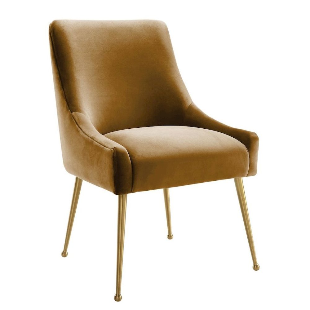 Brown Cognac Velvet Accent Chair With Gold Legs For Dining Room Or Living Space. Picture 1