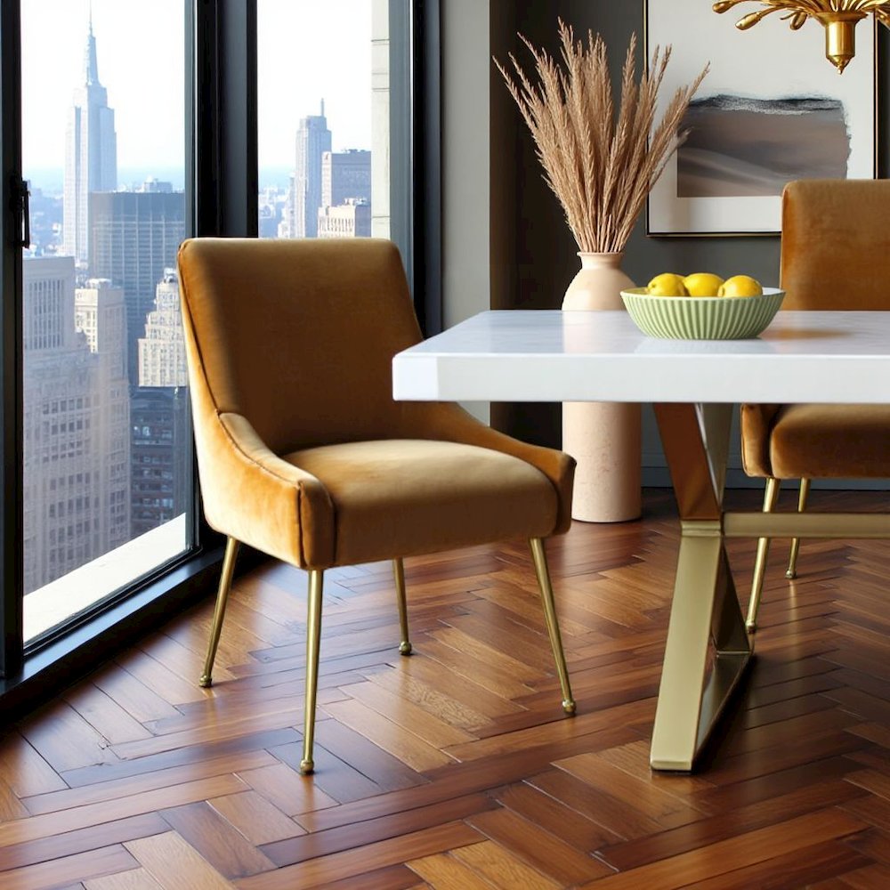 Brown Cognac Velvet Accent Chair With Gold Legs For Dining Room Or Living Space. Picture 2