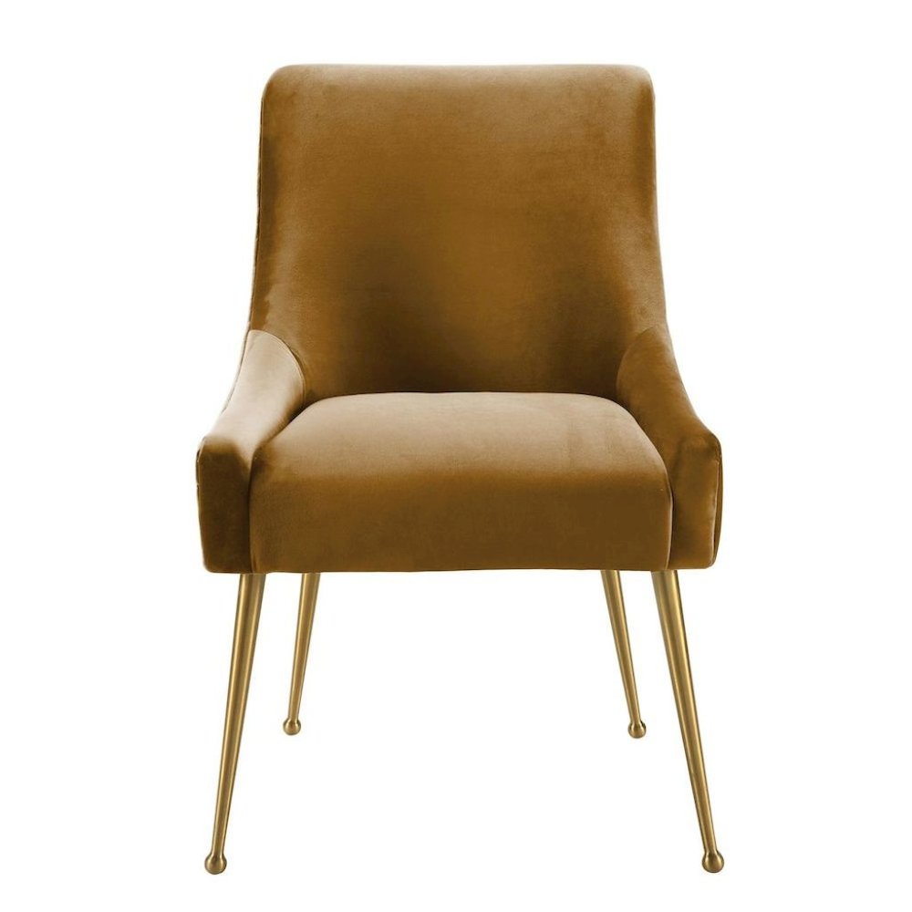 Brown Cognac Velvet Accent Chair With Gold Legs For Dining Room Or Living Space. Picture 4