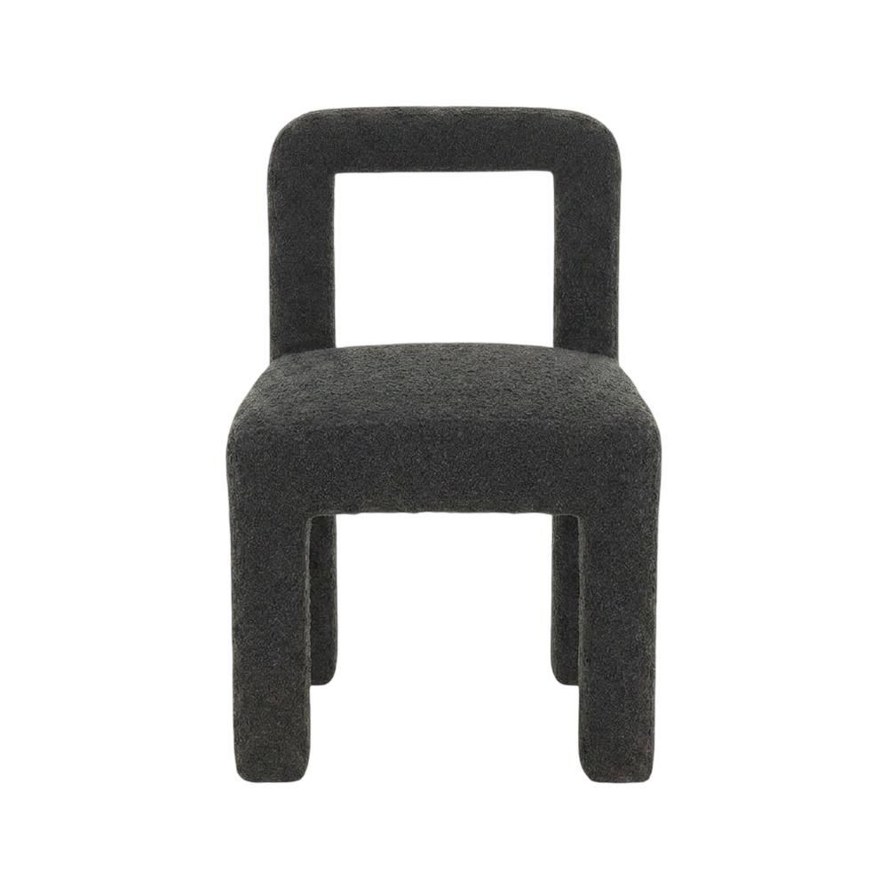 Boucle Upholstered Dining Chair with Pine Legs for Kitchen or Dining Room, Black. Picture 1