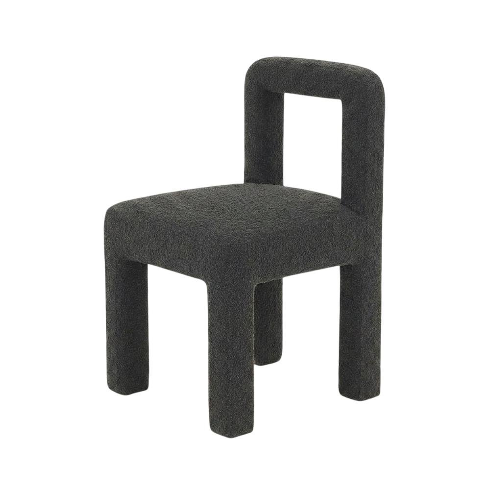 Boucle Upholstered Dining Chair with Pine Legs for Kitchen or Dining Room, Black. Picture 3