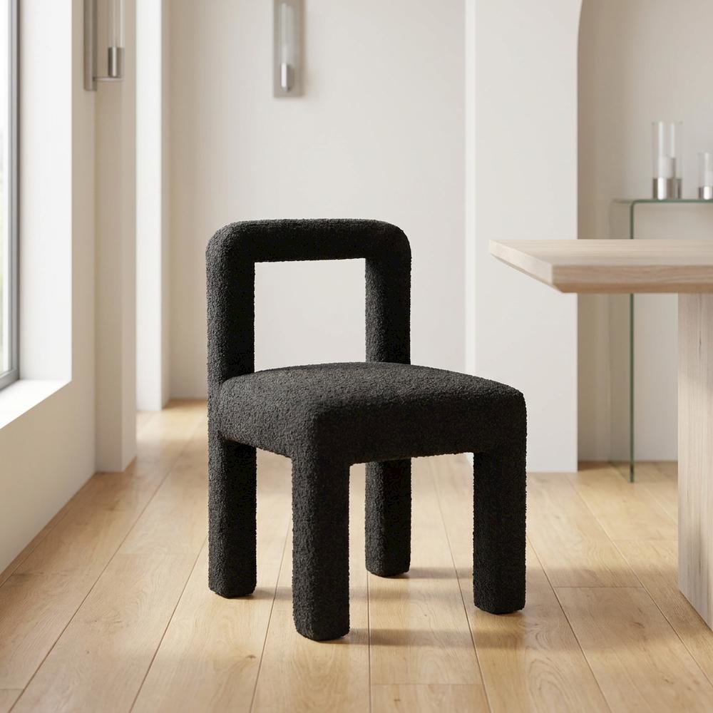 Boucle Upholstered Dining Chair with Pine Legs for Kitchen or Dining Room, Black. Picture 2