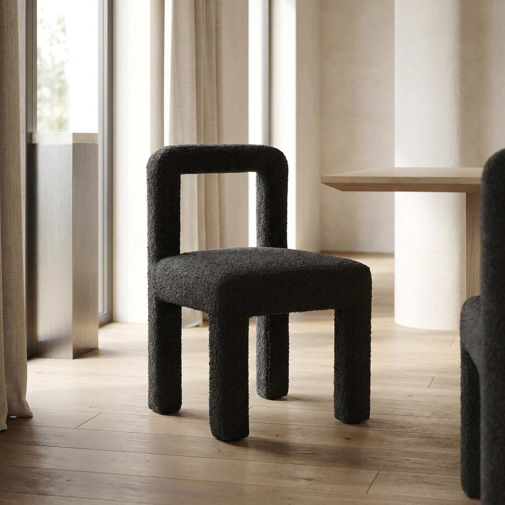 Boucle Upholstered Dining Chair with Pine Legs for Kitchen or Dining Room, Black. Picture 4