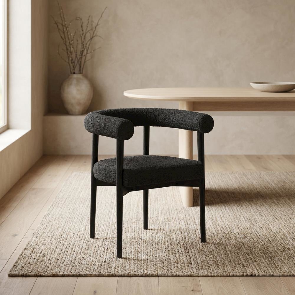 Boucle Upholstered Dining Chair with Ash Wood Legs for Dining Room, Black. Picture 2