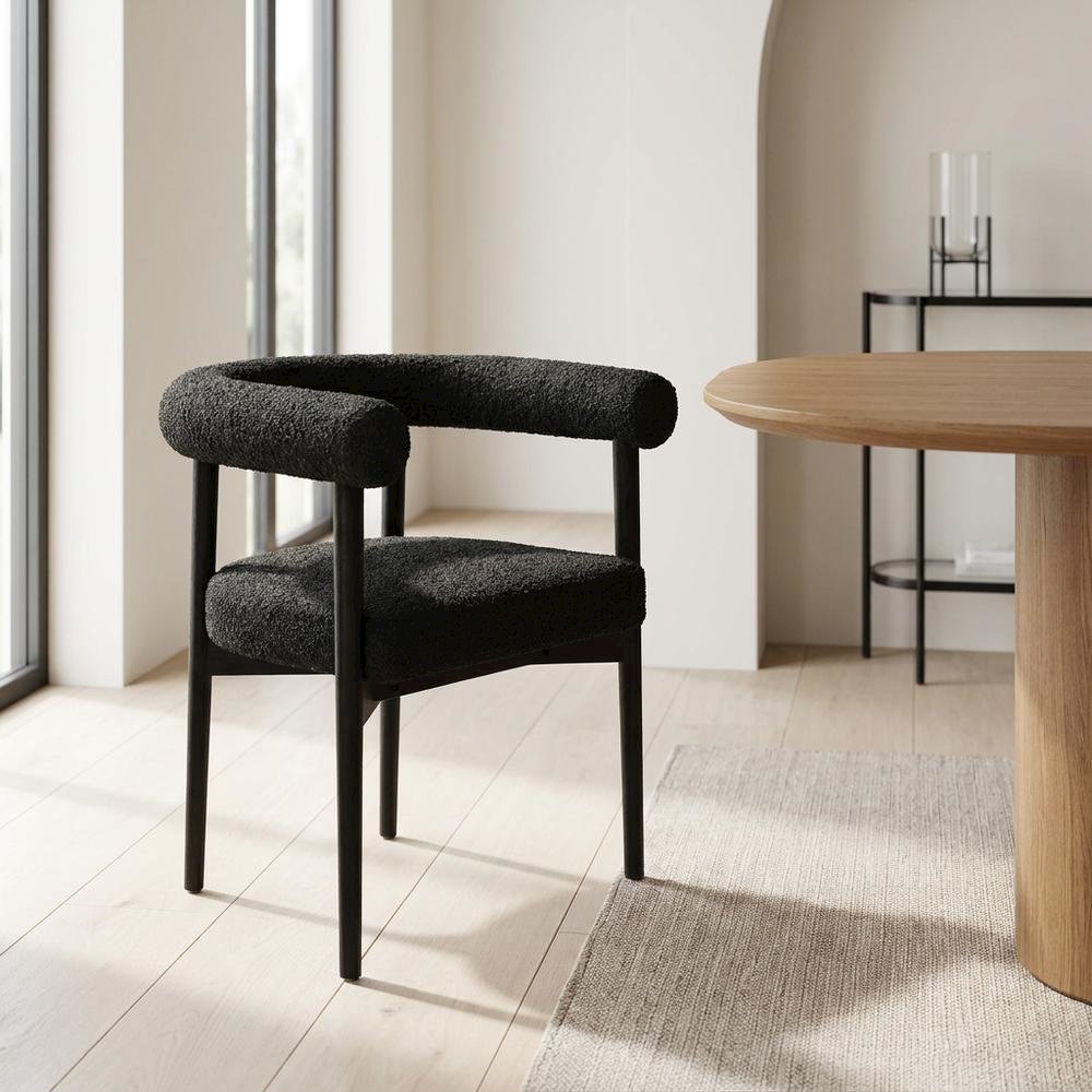 Boucle Upholstered Dining Chair with Ash Wood Legs for Dining Room, Black. Picture 4