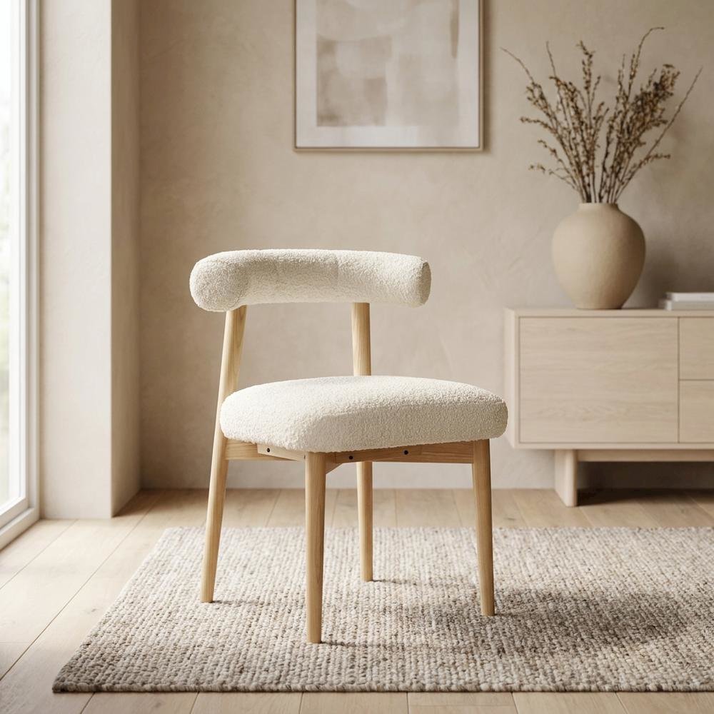 Boucle Accent Chair with Ash Wood Legs for Living Room or Bedroom, Cream. Picture 2