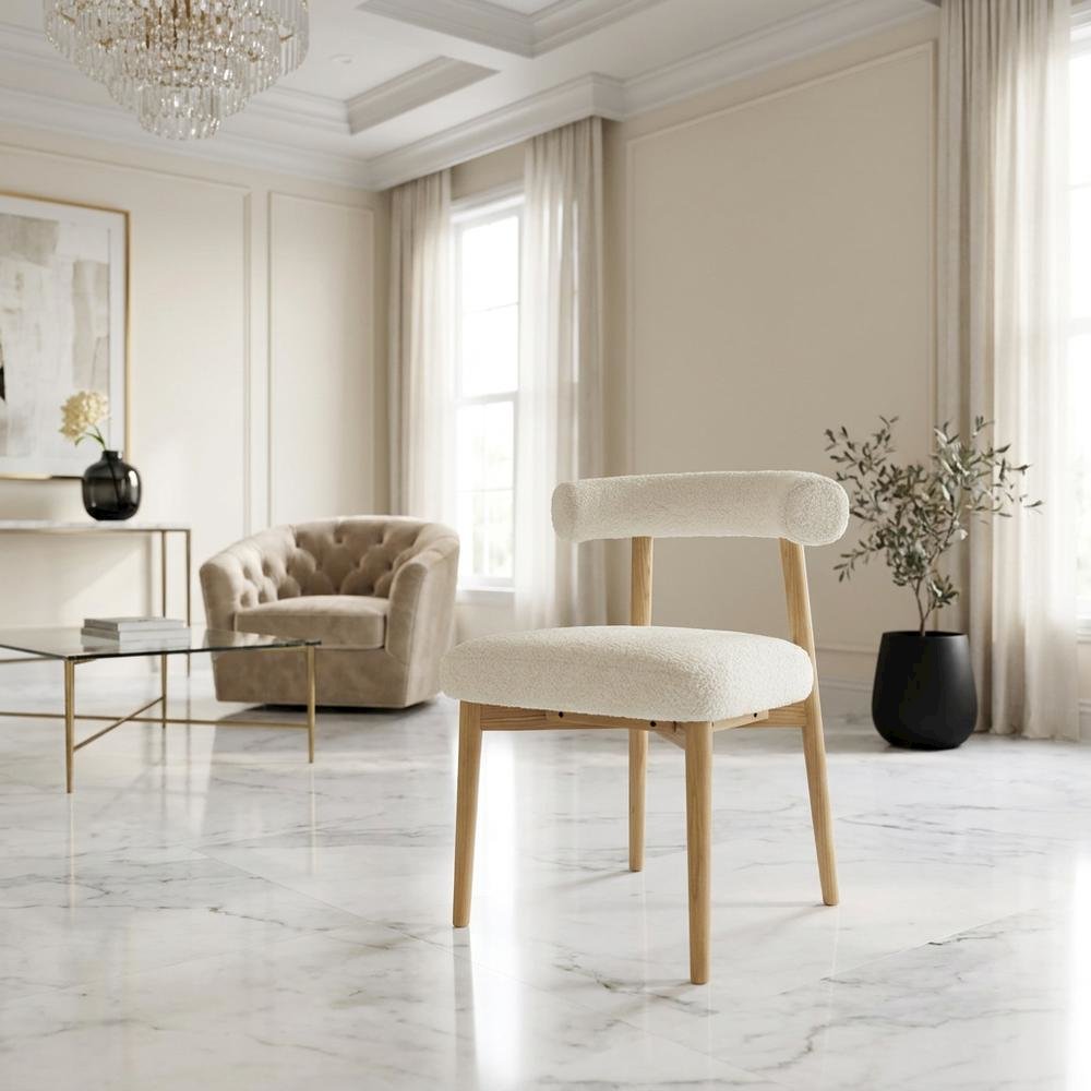Boucle Accent Chair with Ash Wood Legs for Living Room or Bedroom, Cream. Picture 4