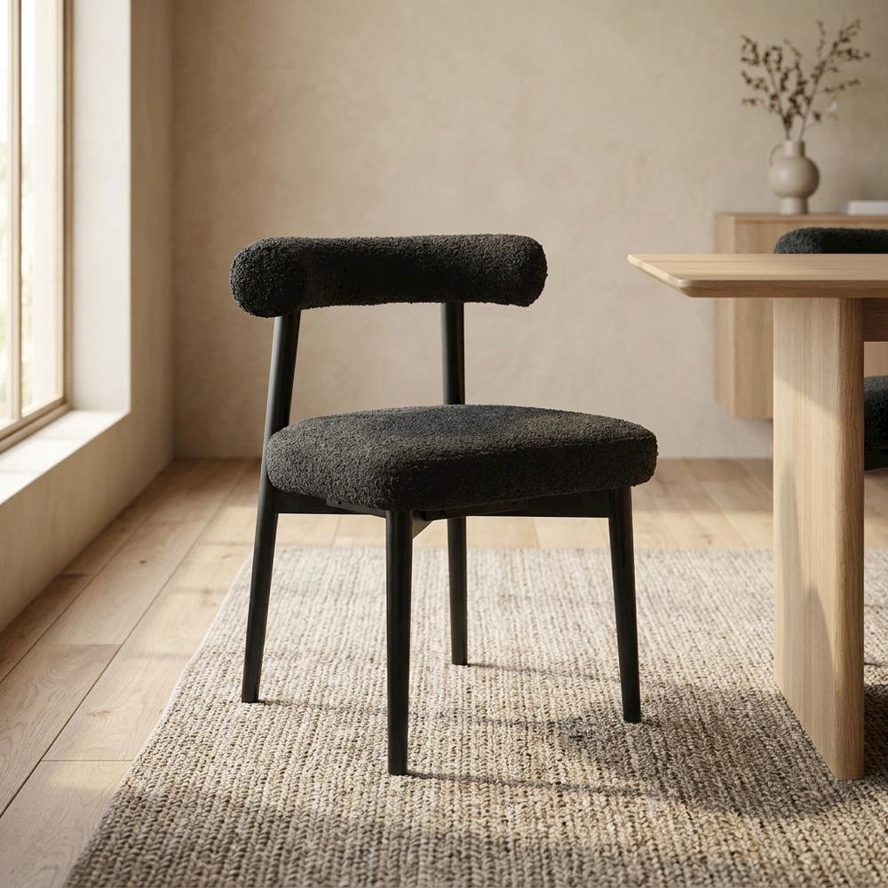 Boucle Accent Chair with Ash Wood Legs, Comfy Side Chair for Living Room, Black. Picture 2