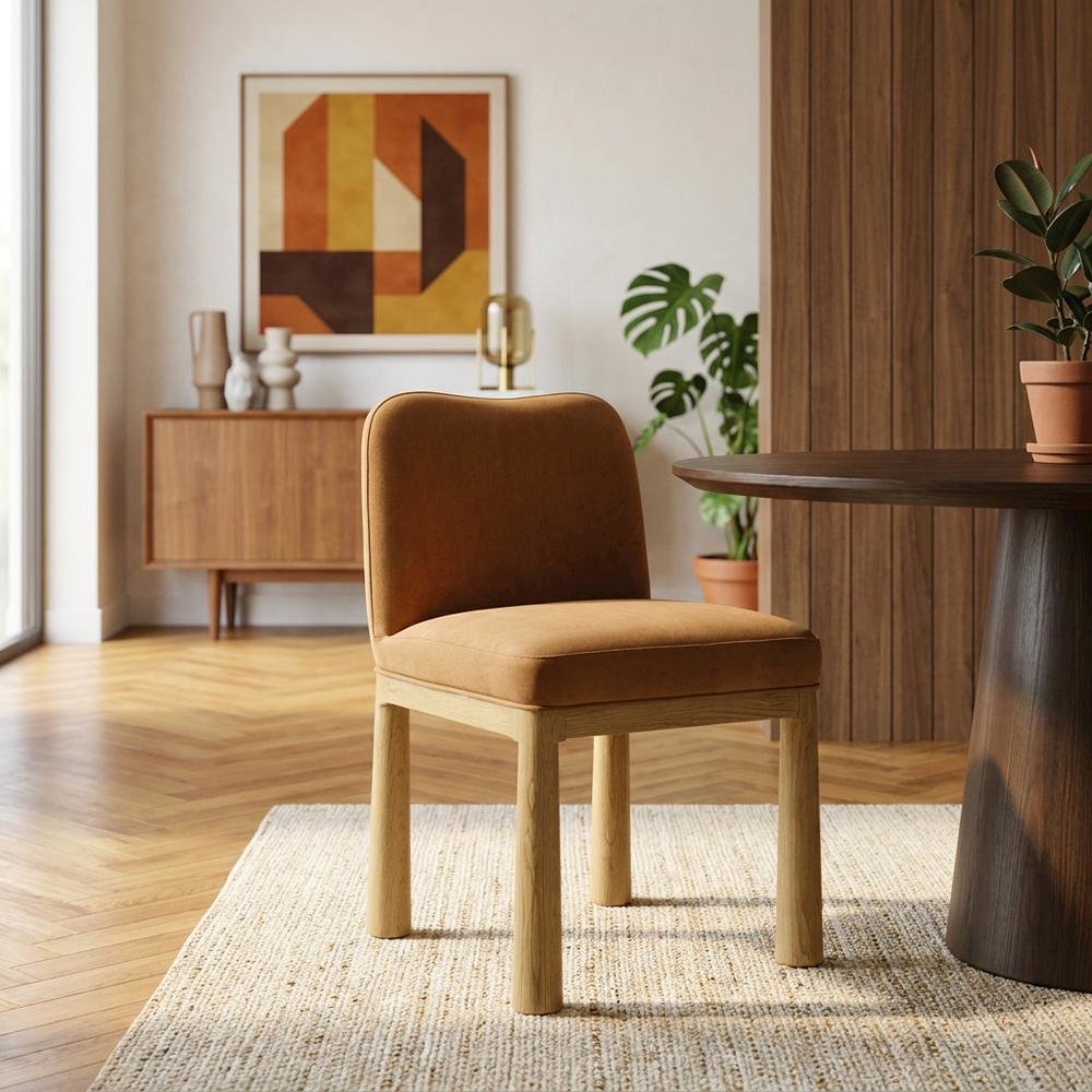 Tiara Velvet Upholstered Dining Chair with Oak Legs for Dining Room, Cognac. Picture 2