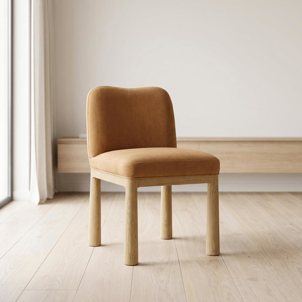 Tiara Velvet Upholstered Dining Chair with Oak Legs for Dining Room, Cognac. Picture 4