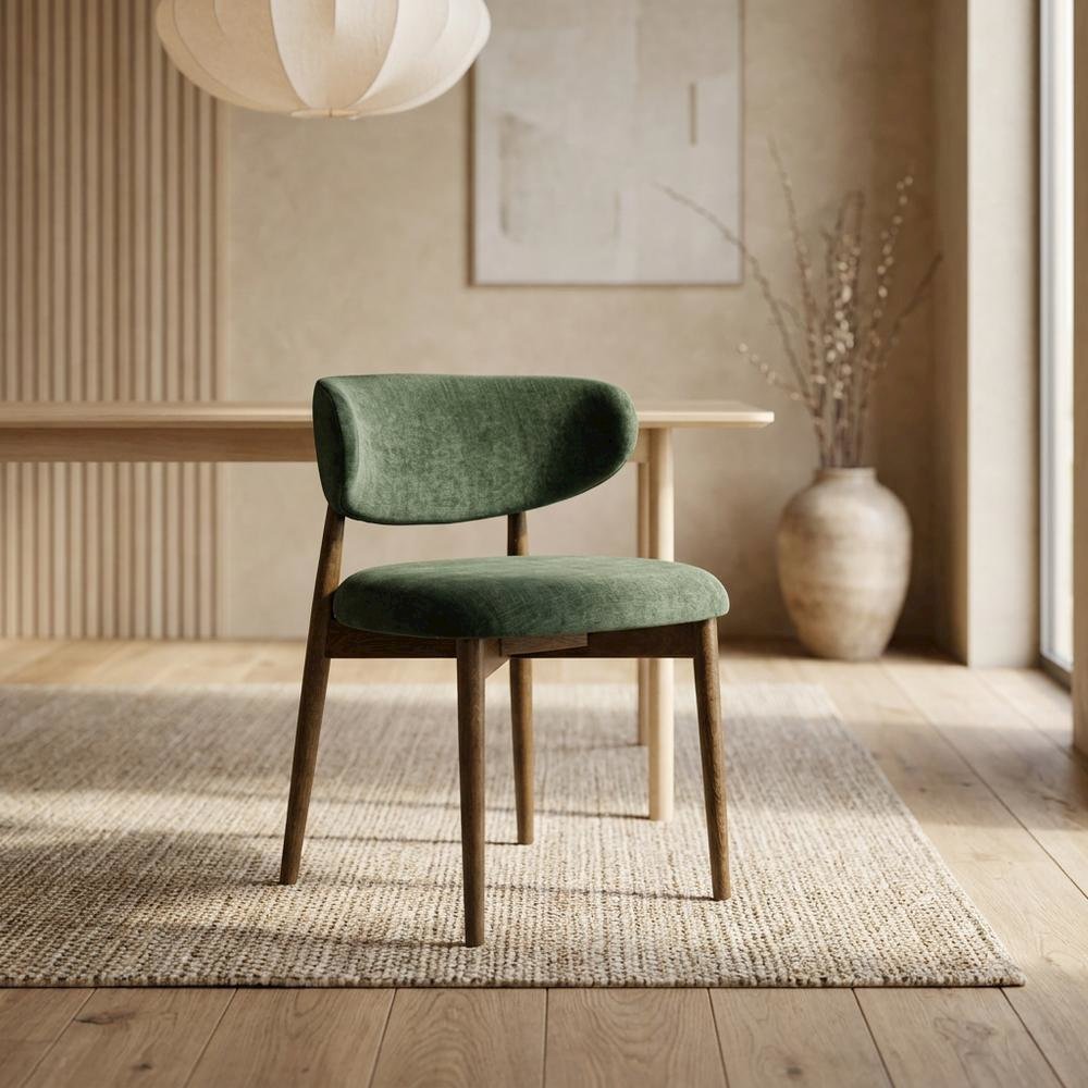 Textured Velvet Upholstered Dining Chair with Oak Legs, Forest Green. Picture 2