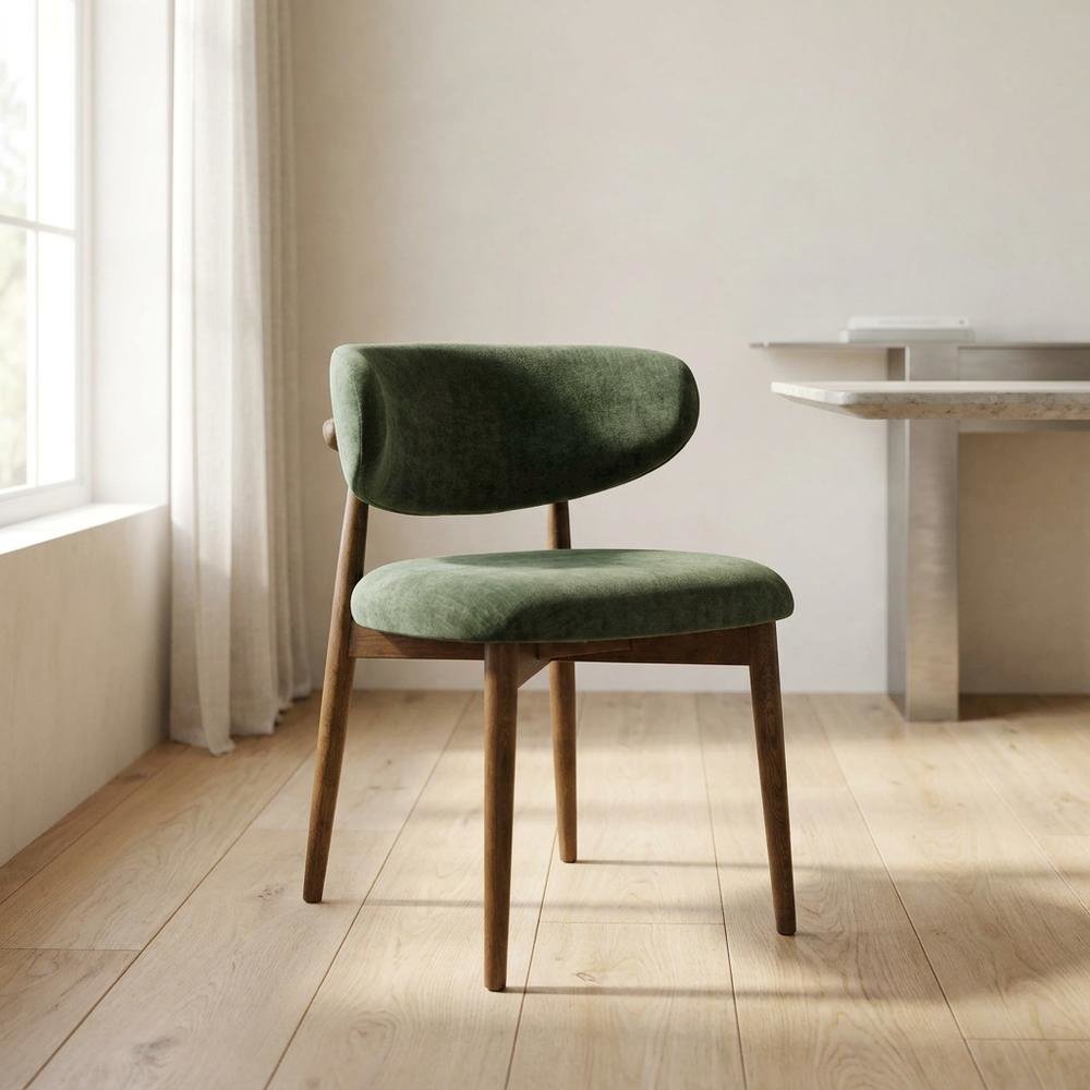 Textured Velvet Upholstered Dining Chair with Oak Legs, Forest Green. Picture 4
