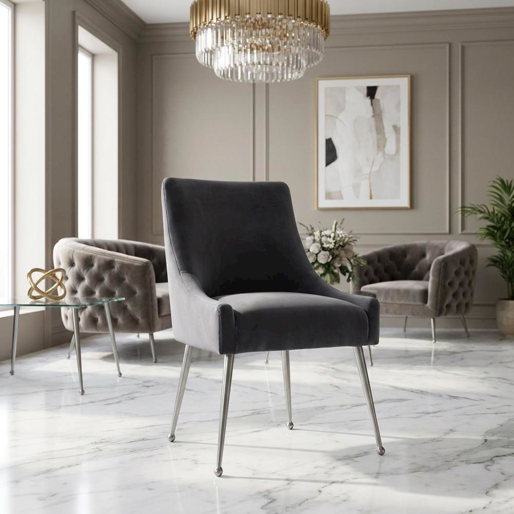 Velvet Upholstered Dining Chair with Silver Legs for Kitchen and Dining. Picture 2