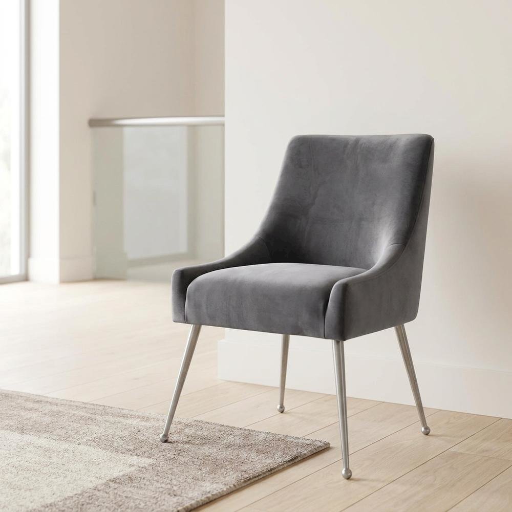 Velvet Upholstered Dining Chair with Silver Legs for Kitchen and Dining. Picture 4