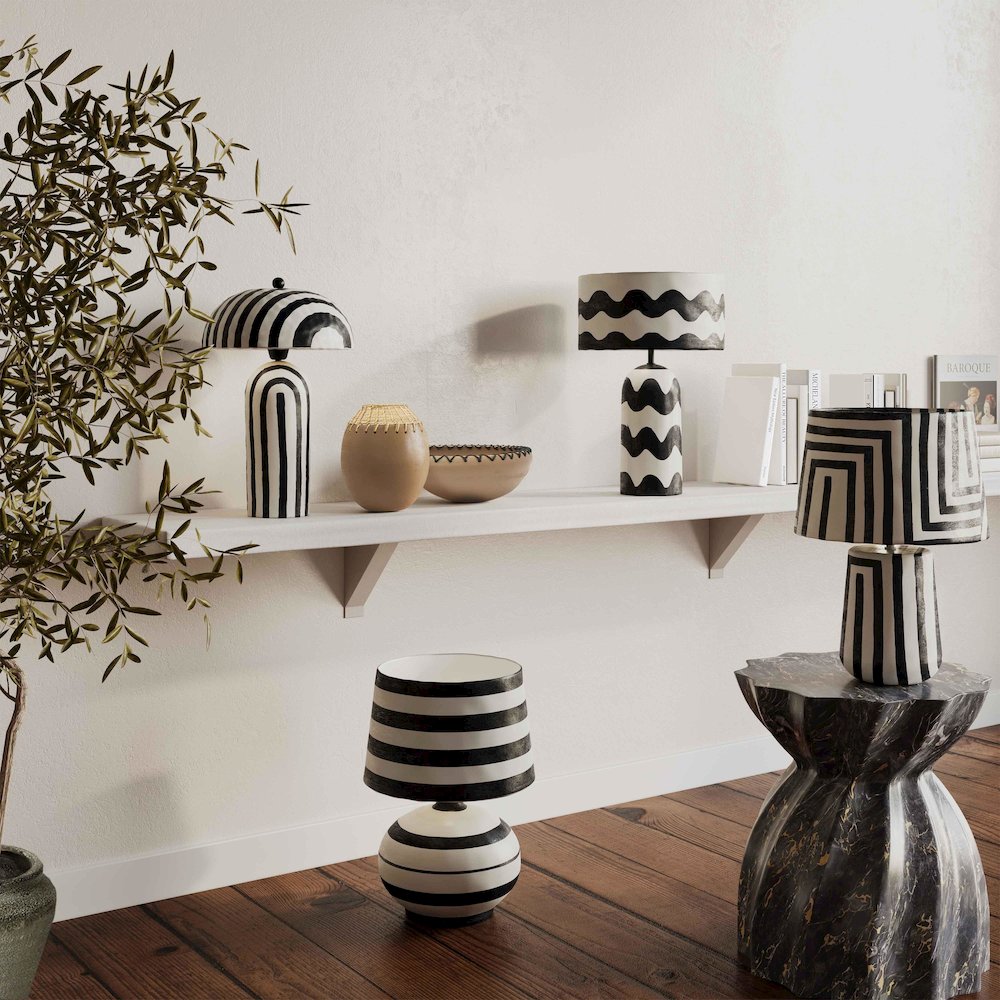 Maiori Black Striped Papier Mache Table Lamp. Picture 2