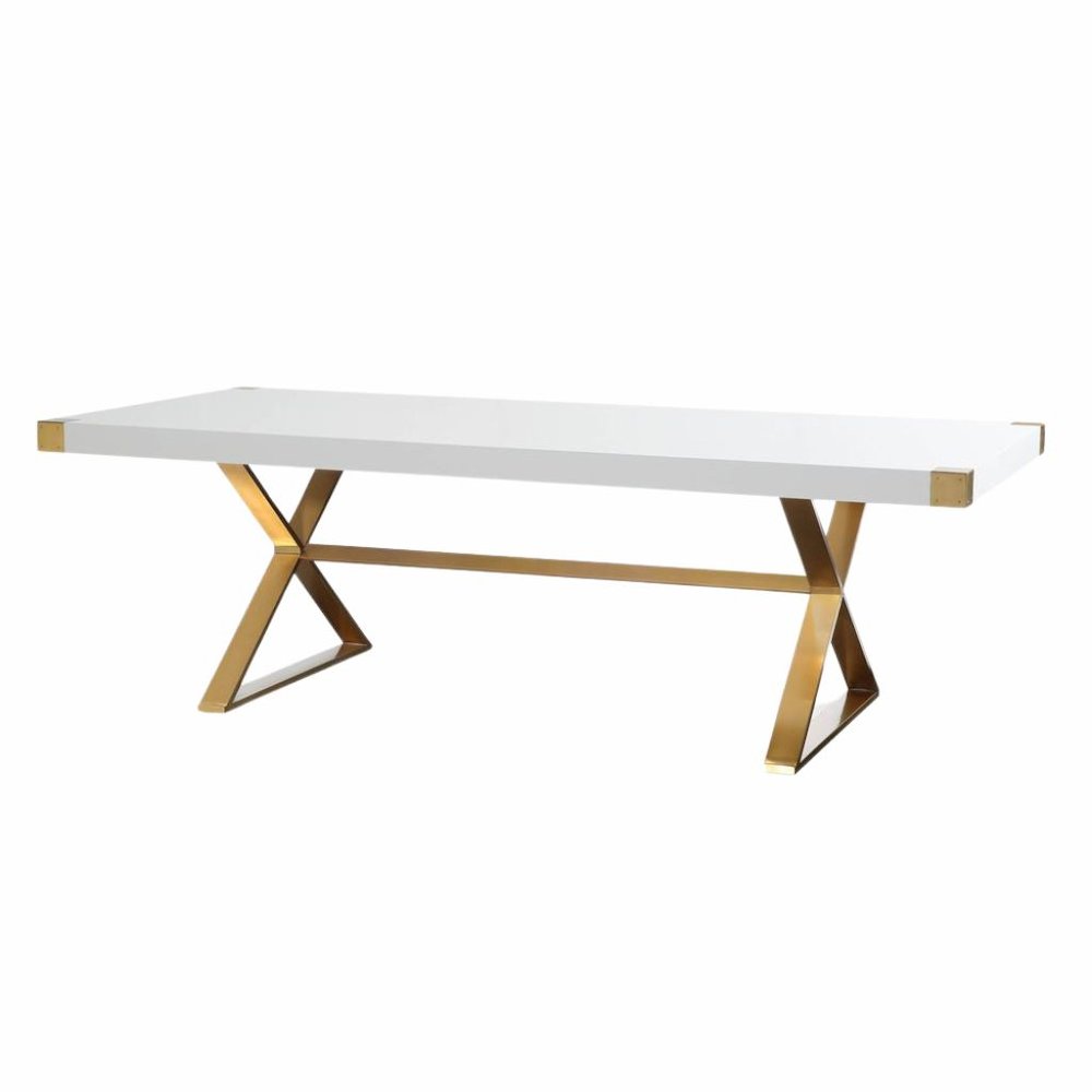 White Wood Dining Table With Gold Stainless Steel Base And Modern Design. Picture 1