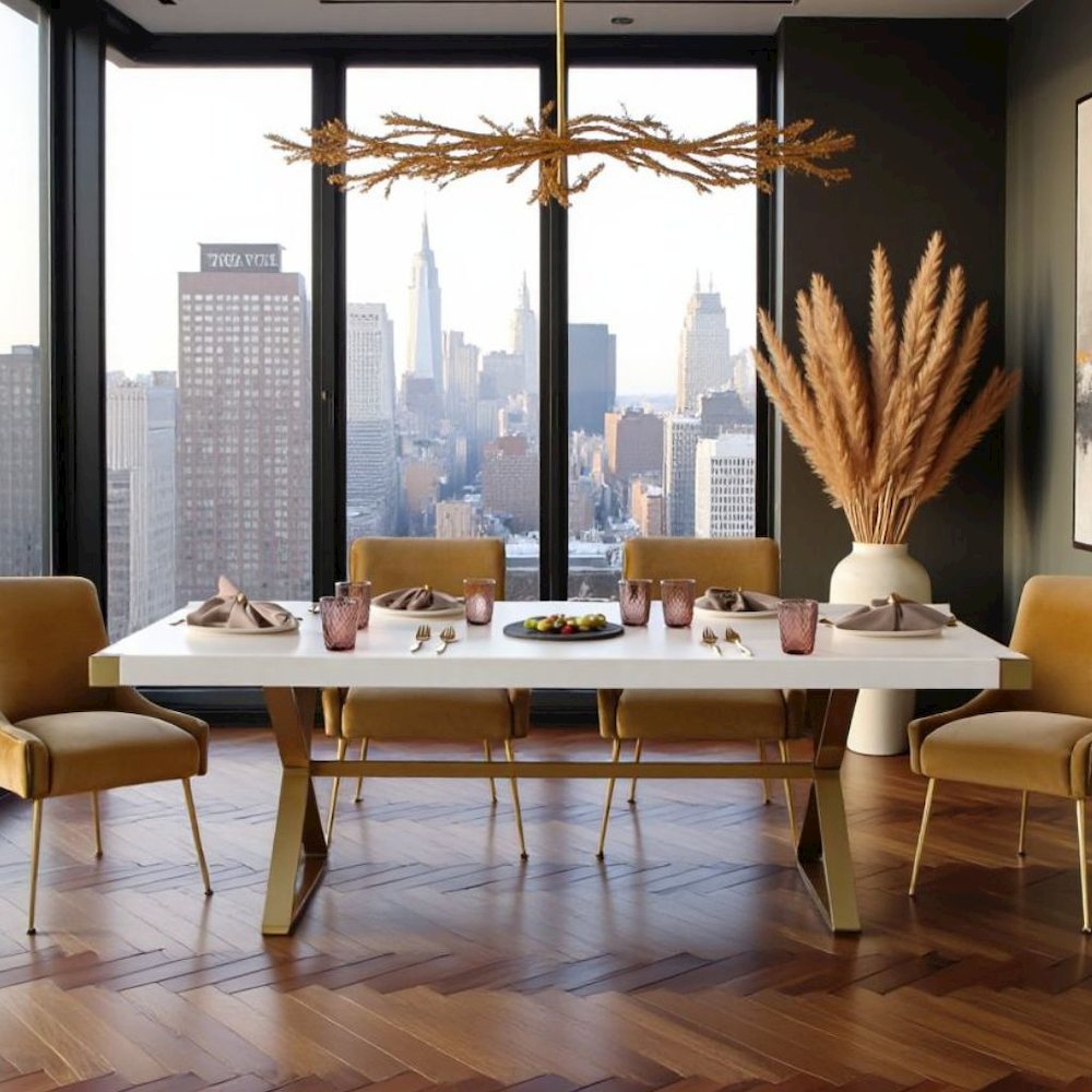 White Wood Dining Table With Gold Stainless Steel Base And Modern Design. Picture 3