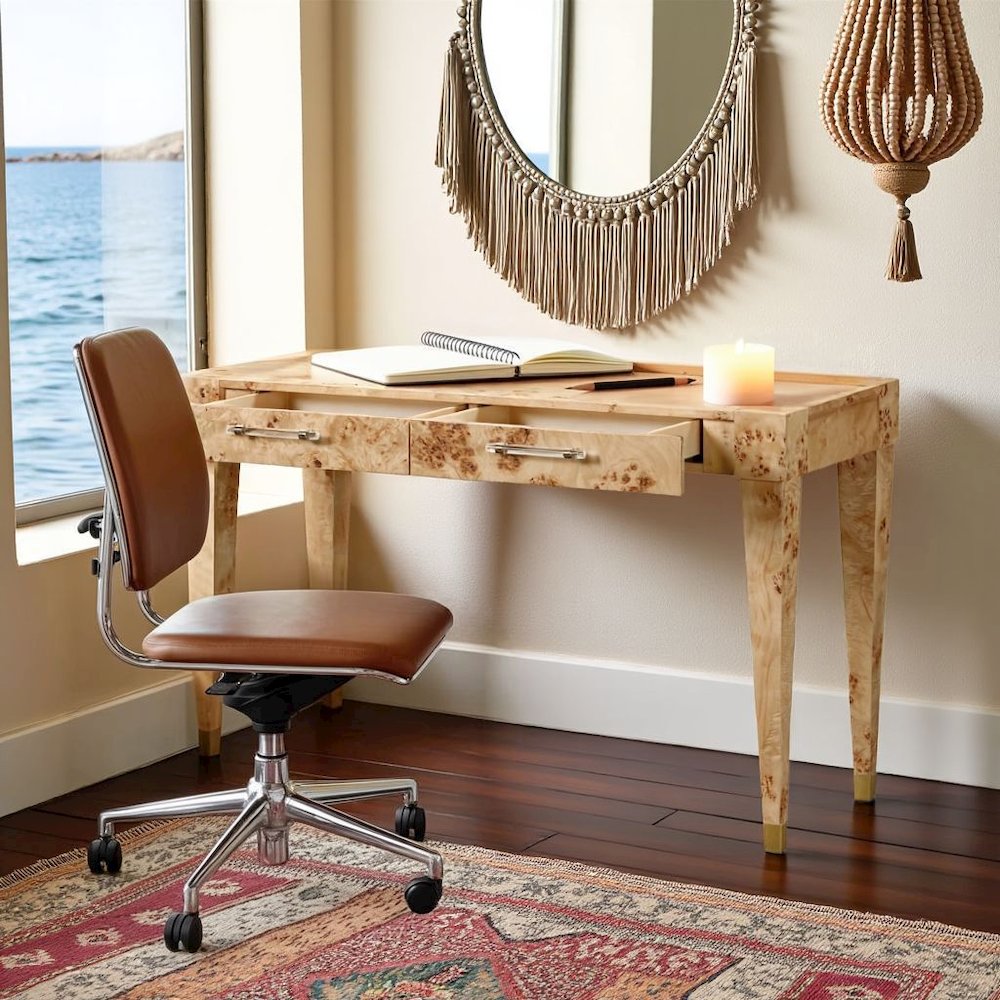 Brown Acacia Wood Writing Desk With 2 Drawers For Home Office Use. Picture 2