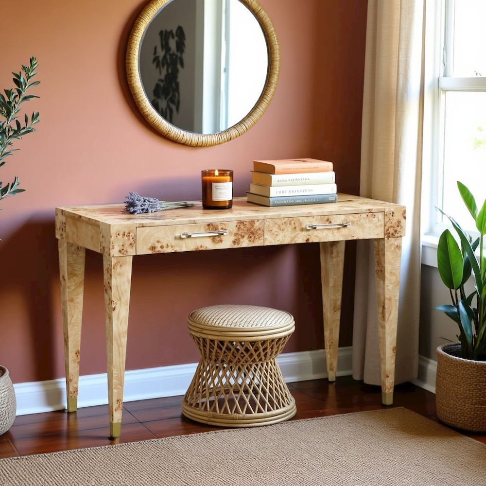 Brown Acacia Wood Writing Desk With 2 Drawers For Home Office Use. Picture 3