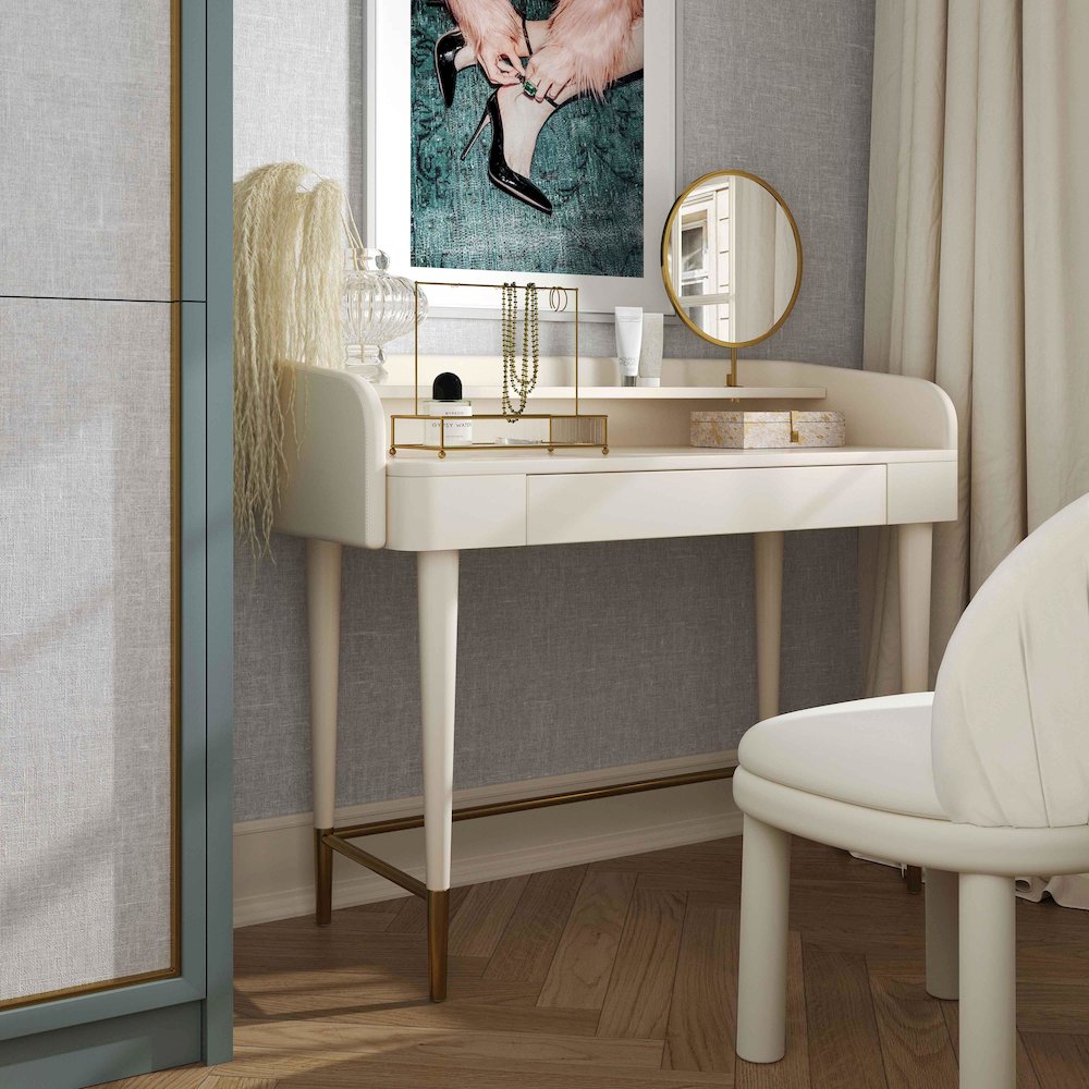Penelope Cream Vegan Leather Wrapped Vanity Desk. Picture 2