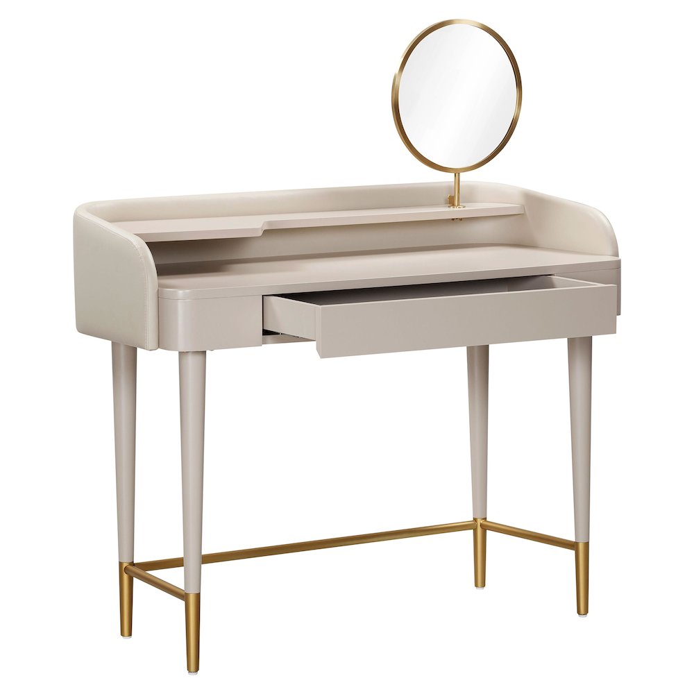 Penelope Taupe Vegan Leather Wrapped Vanity Desk. Picture 8