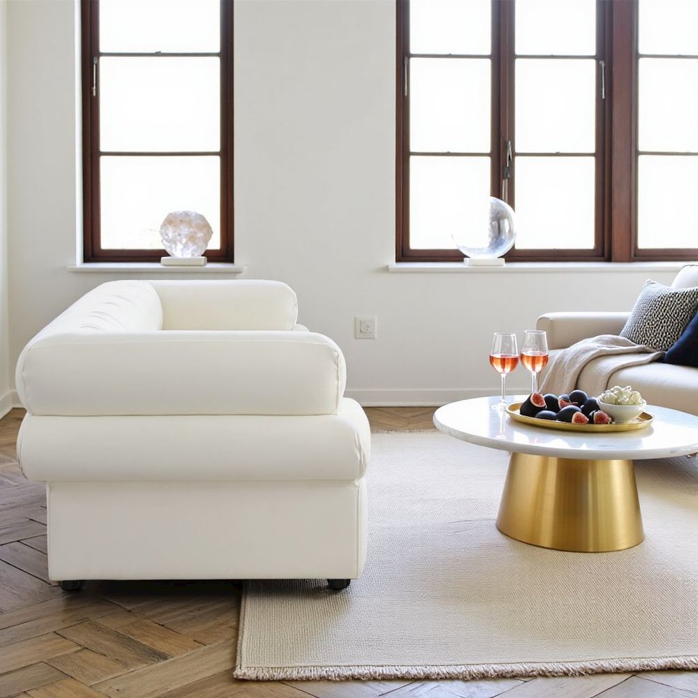 Cream Velvet Cream Couch For Living Room With Wood Frame And Stacked Arms. Picture 3