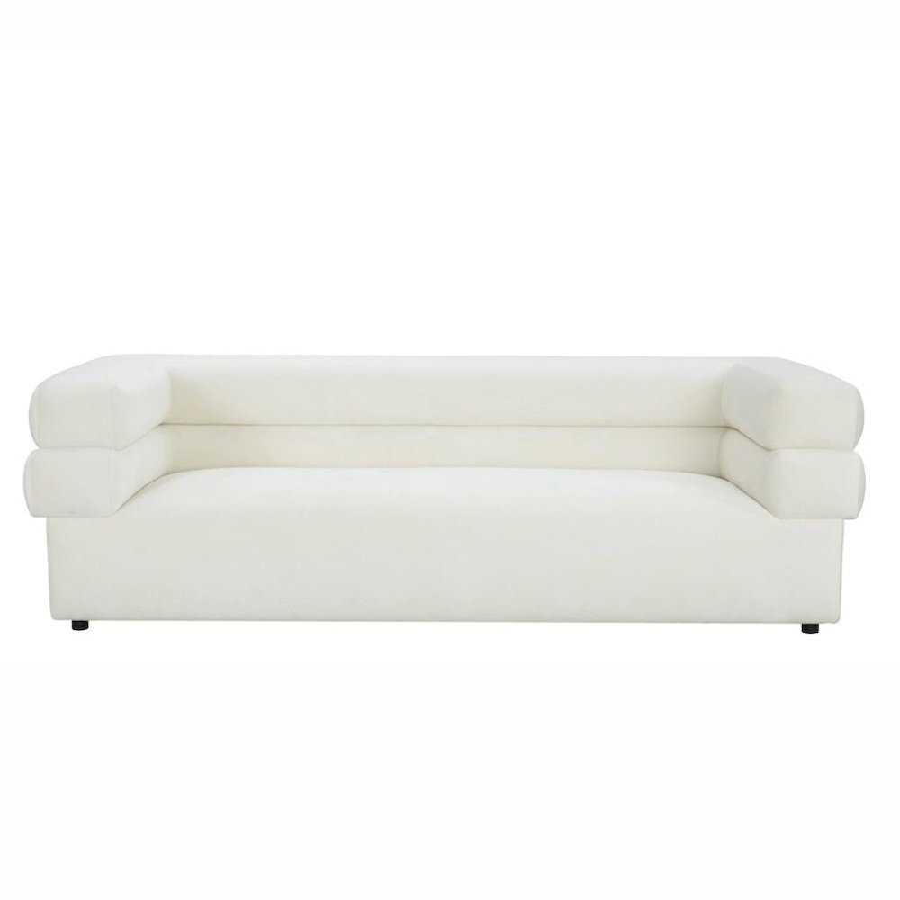 Cream Velvet Cream Couch For Living Room With Wood Frame And Stacked Arms. Picture 4