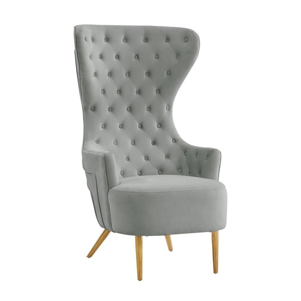 Gray Velvet Wingback Chair With Tall Back, Button Tufting, Gold Legs. Picture 1