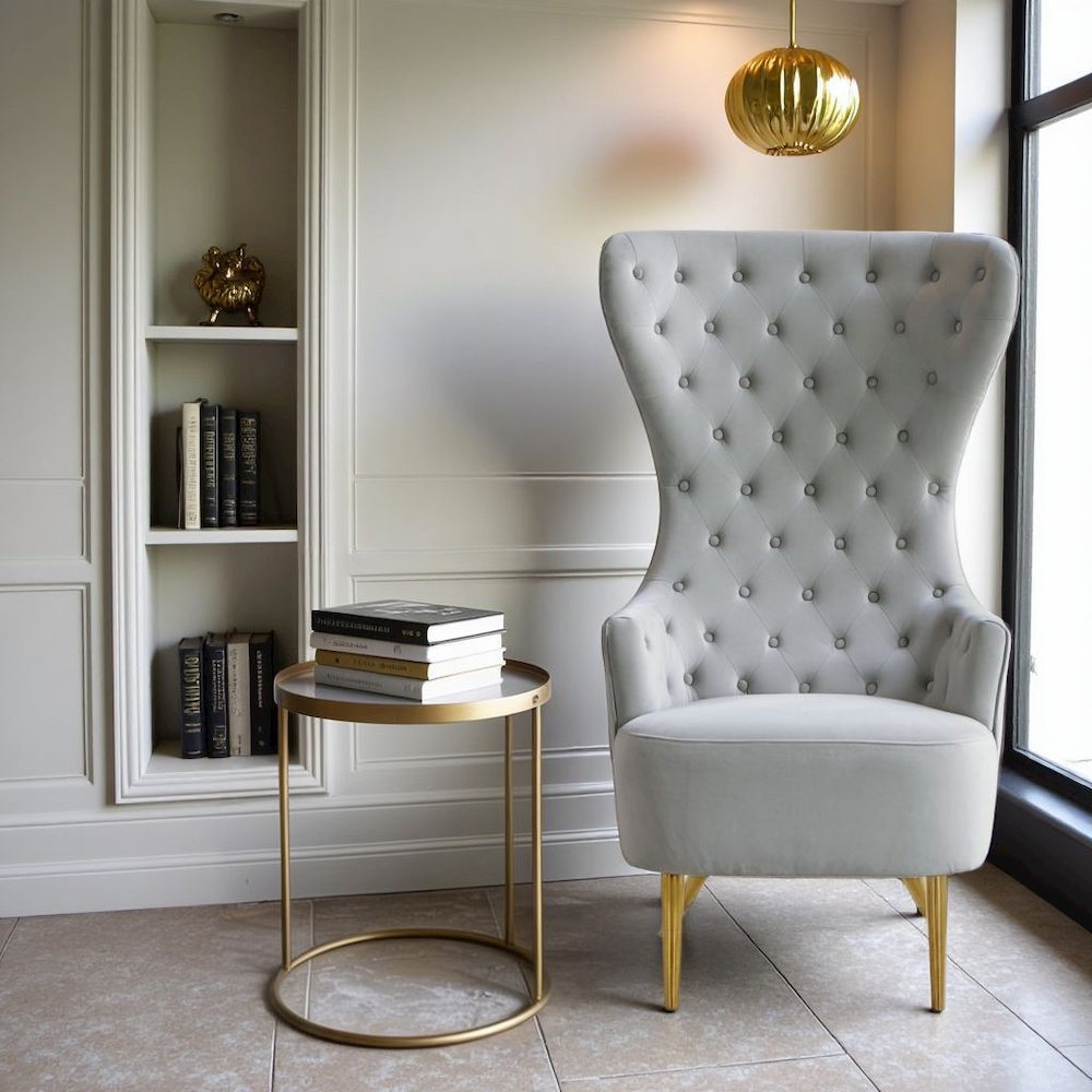 Gray Velvet Wingback Chair With Tall Back, Button Tufting, Gold Legs. Picture 2