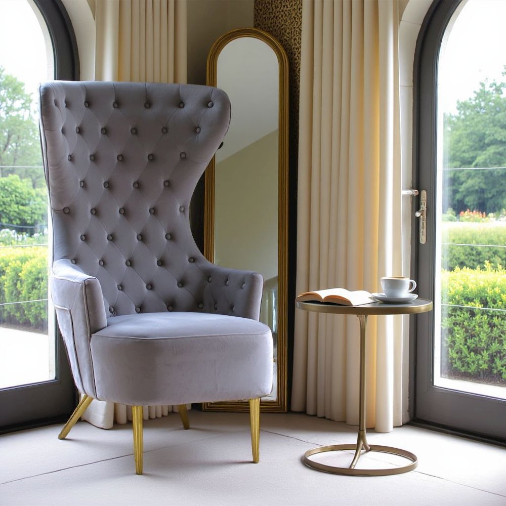 Gray Velvet Wingback Chair With Tall Back, Button Tufting, Gold Legs. Picture 3