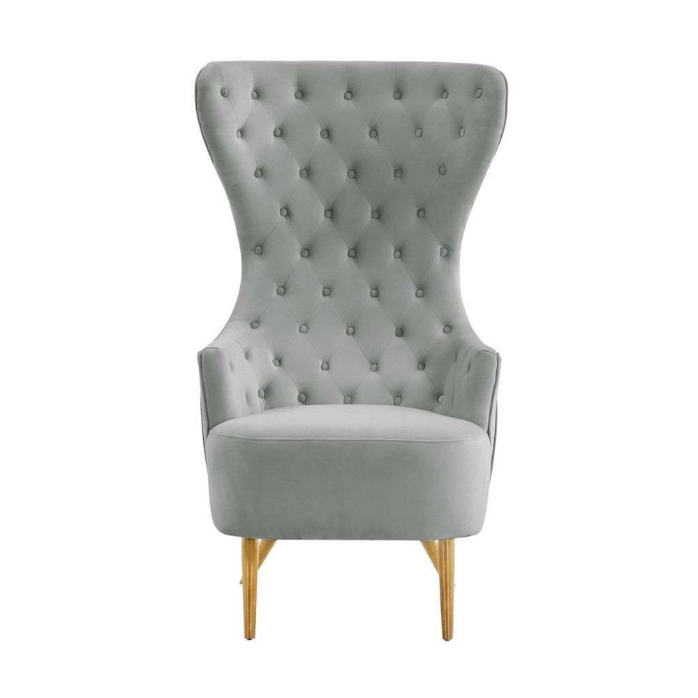Gray Velvet Wingback Chair With Tall Back, Button Tufting, Gold Legs. Picture 4