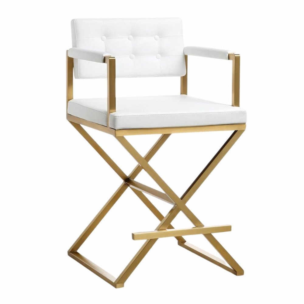 White Faux Leather Bar Stool With Gold Steel Frame And Back Support Arms. Picture 1