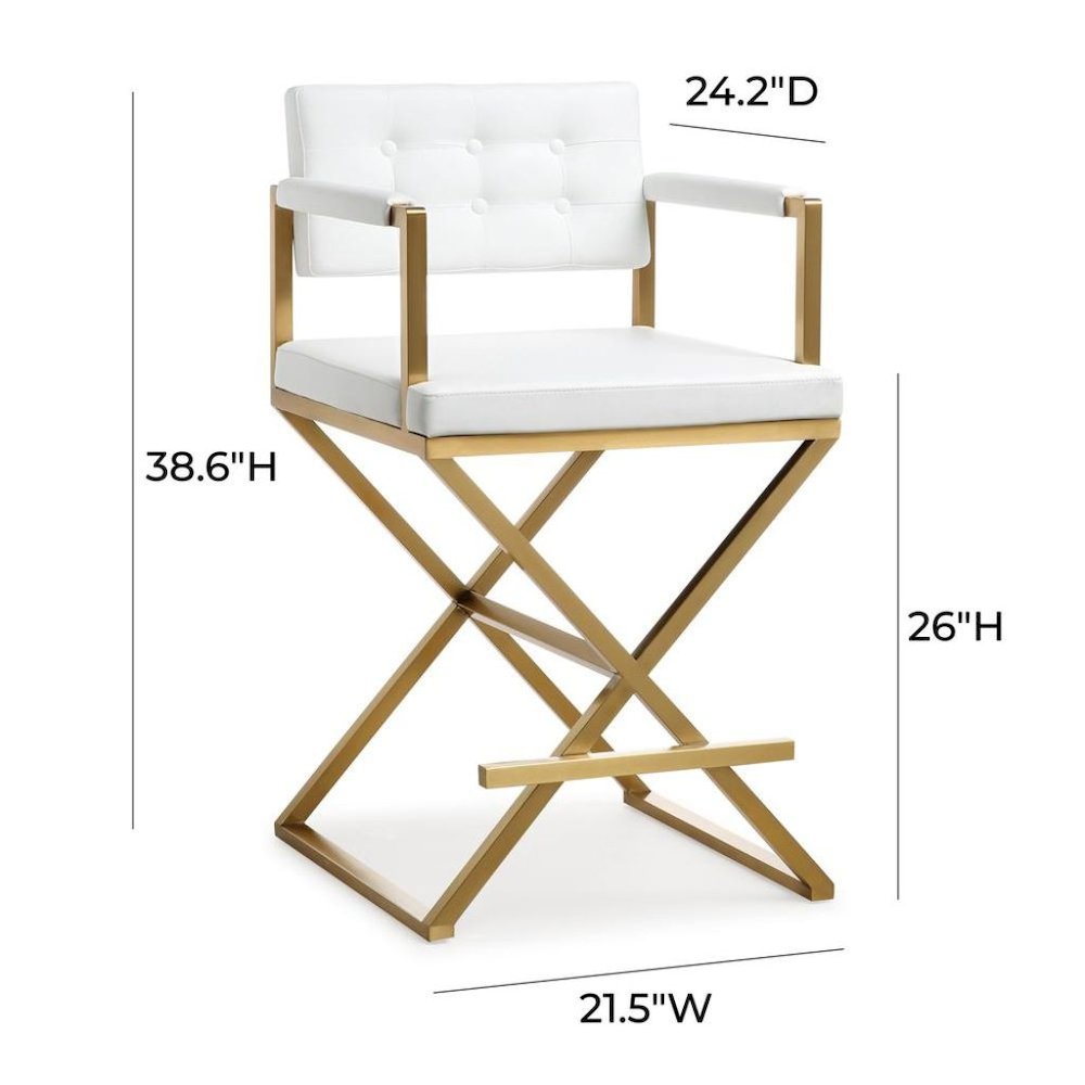 White Faux Leather Bar Stool With Gold Steel Frame And Back Support Arms. Picture 10
