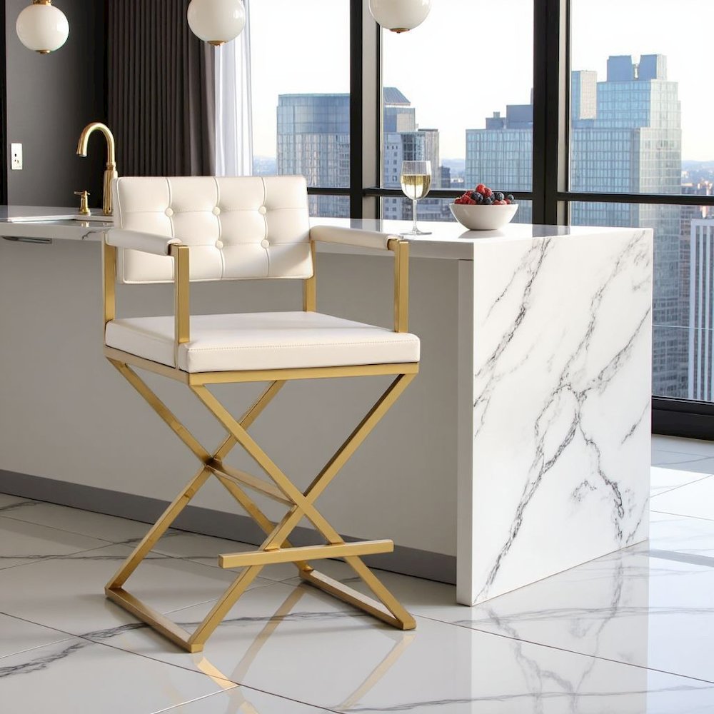 White Faux Leather Bar Stool With Gold Steel Frame And Back Support Arms. Picture 2