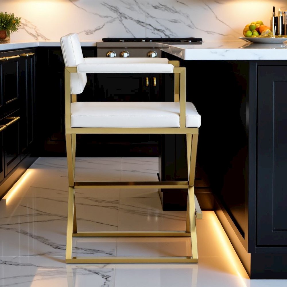 White Faux Leather Bar Stool With Gold Steel Frame And Back Support Arms. Picture 3