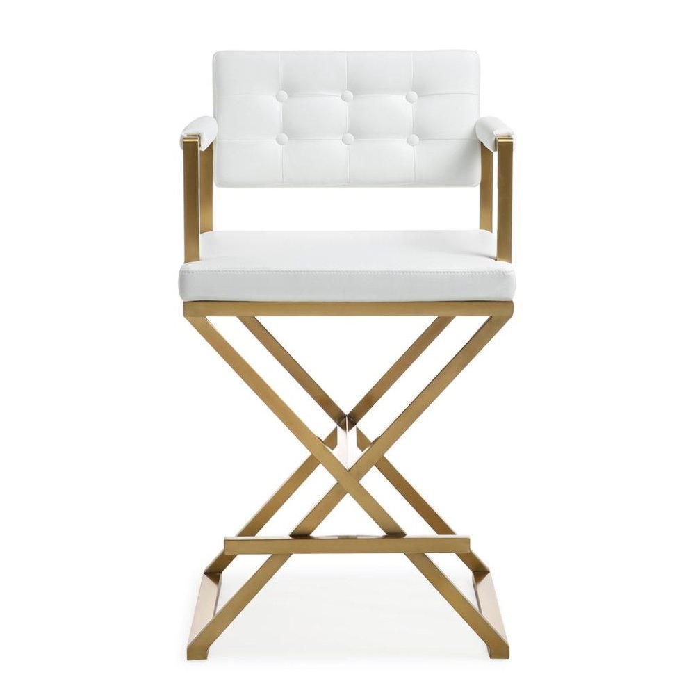 White Faux Leather Bar Stool With Gold Steel Frame And Back Support Arms. Picture 4