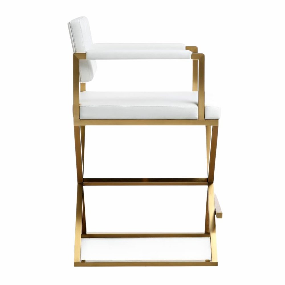 White Faux Leather Bar Stool With Gold Steel Frame And Back Support Arms. Picture 5