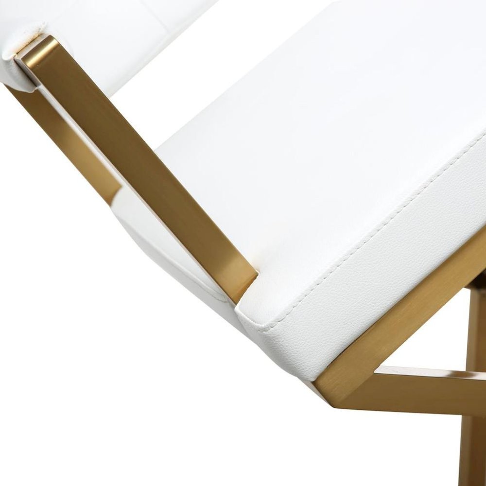 White Faux Leather Bar Stool With Gold Steel Frame And Back Support Arms. Picture 7