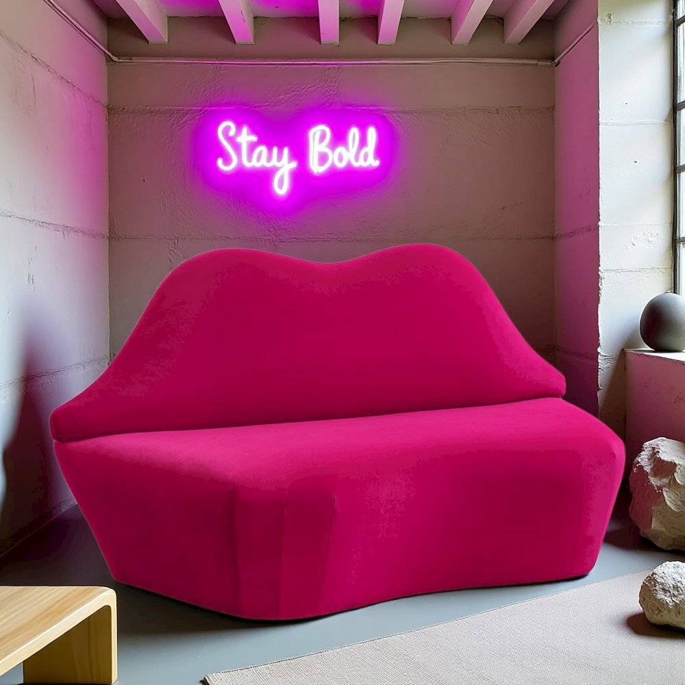 Hot Pink Velvet Loveseat With Sculpted Back, A Unique Lips Sofa Design. Picture 2