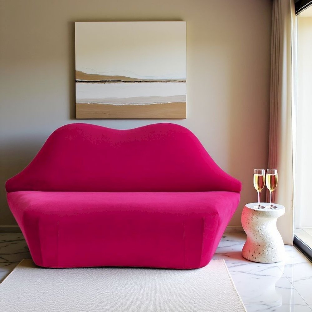 Hot Pink Velvet Loveseat With Sculpted Back, A Unique Lips Sofa Design. Picture 3