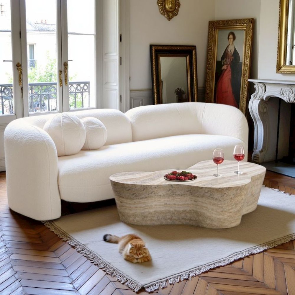 Beige Fluffy Round Couch For 6 With Faux Fur And Pillows, Modern Sofa Style. Picture 2