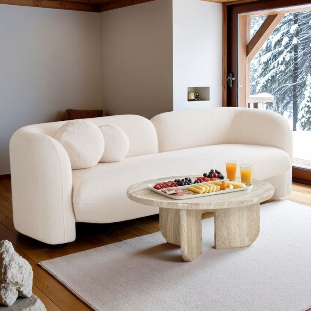Beige Fluffy Round Couch For 6 With Faux Fur And Pillows, Modern Sofa Style. Picture 3