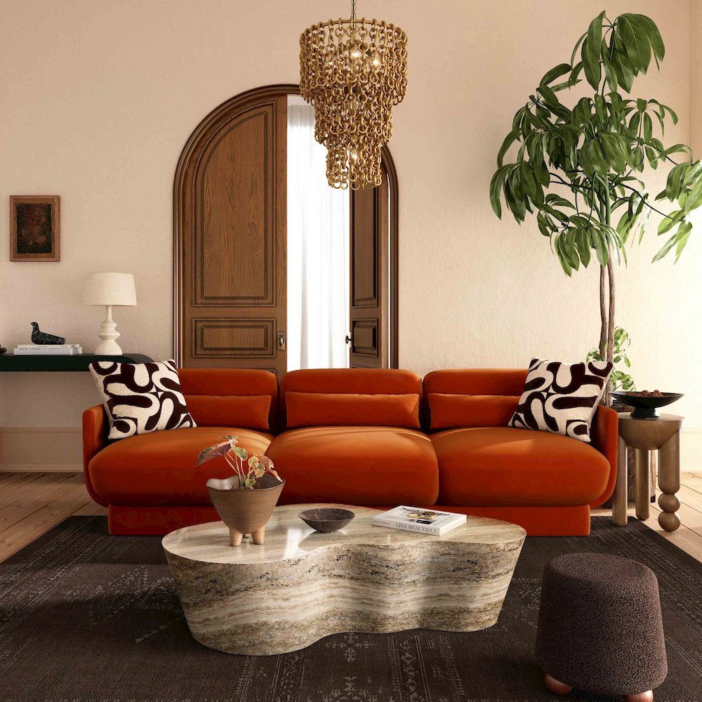 Azalea Rust Orange Velvet Sofa. Picture 2