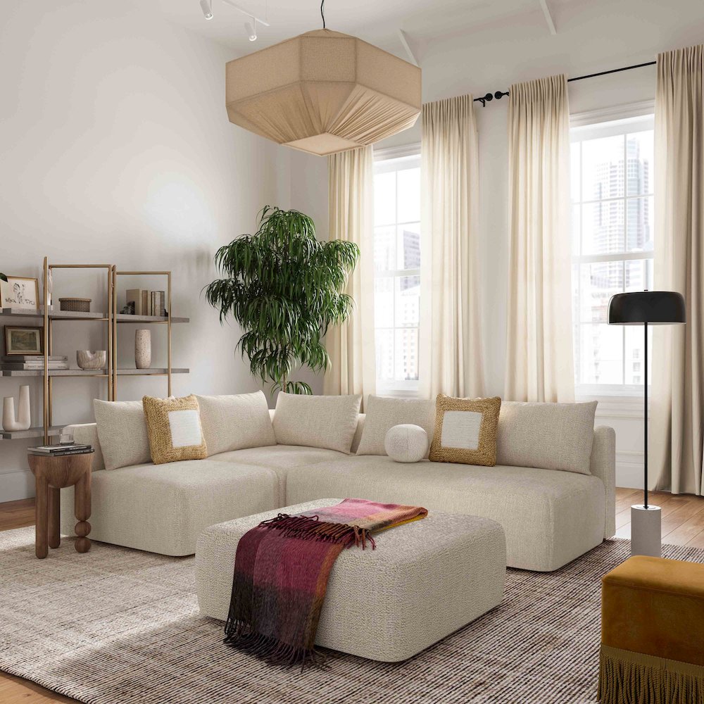 Hangover Cream Heavy Textured Fabric Modular Loveseat. Picture 2