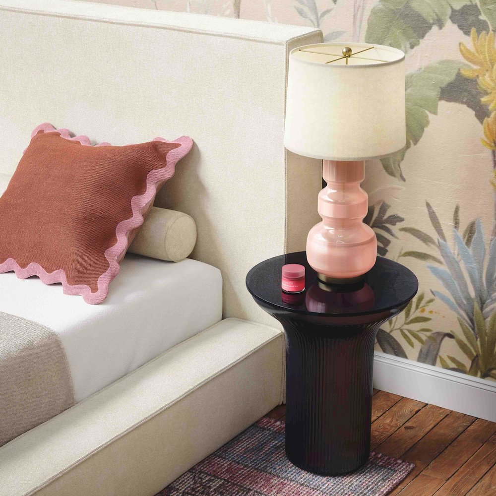 Cassandra Midnight Blue Glass Flared Side Table. Picture 2