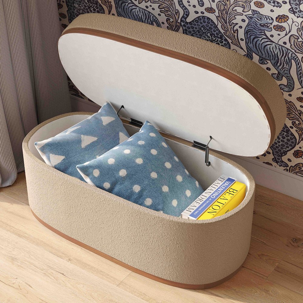 Olivier Ivory Boucle Oval Storage Ottoman. Picture 2