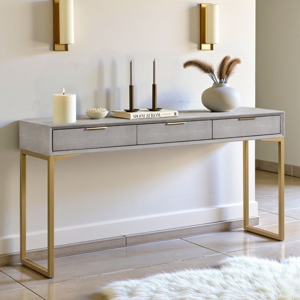 Gray Entryway Table With Storage And Gold Legs, A Console With 3 Drawers. Picture 2
